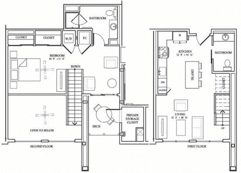 Floor plan for 1 bed, 1.5 baths, 905 sqft