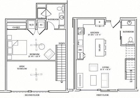 Floor plan for 1 bed, 1.5 baths, 924 sqft