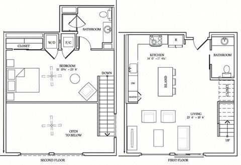 Floor plan for 1 bed, 1.5 baths, 1006 sqft