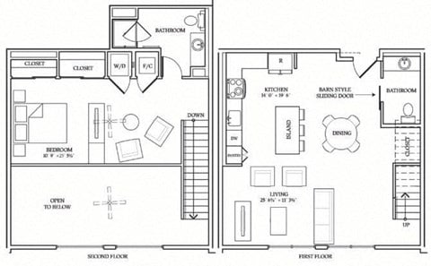 Floor plan for 1 bed, 1.5 baths, 1178 sqft