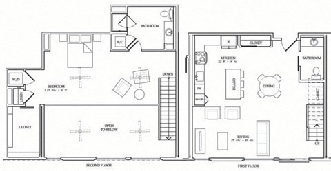 Floor plan for 1 bed, 1.5 baths, 1178 sqft