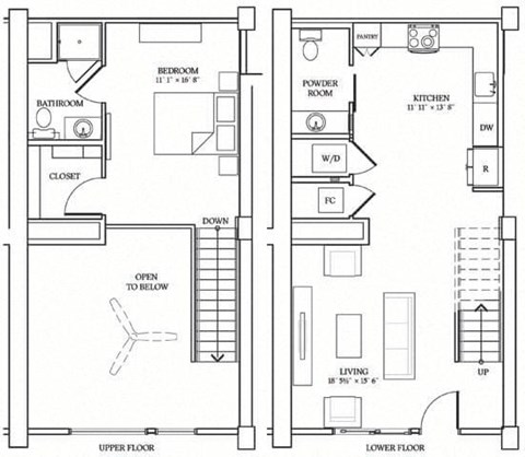 Floor plan for 1 bed, 1.5 baths, 882 sqft