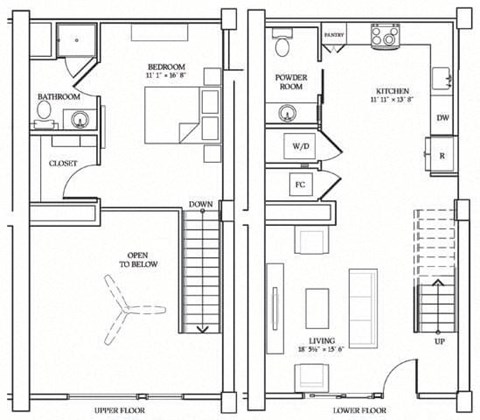 Floor plan for 1 bed, 1.5 baths, 953 sqft