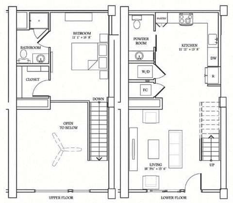 Floor plan for 1 bed, 1.5 baths, 922 sqft