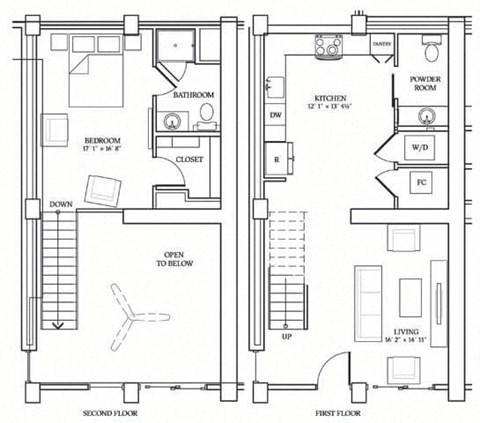 Floor plan for 1 bed, 1.5 baths, 966 sqft