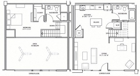 Floor plan for 1 bed, 2 baths, 1175 sqft