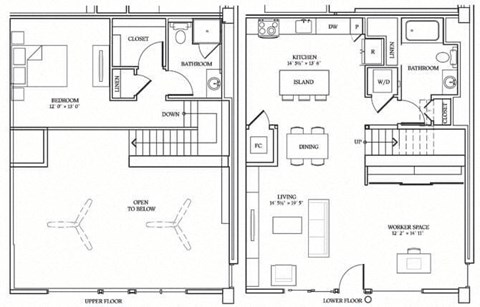 Floor plan for 1 bed, 1.5 baths, 1266 sqft