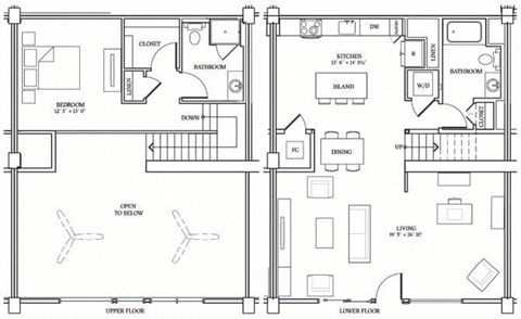 Floor plan for 1 bed, 2 baths, 1275 sqft