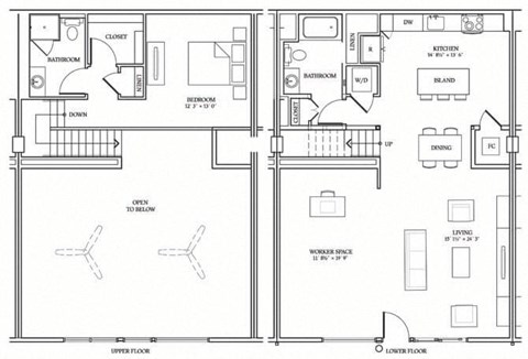 Floor plan for 1 bed, 1.5 baths, 1414 sqft