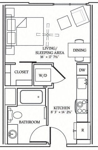 Floor plan for studio, 1 bath, 408 sqft