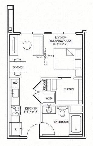 Floor plan for studio, 1 bath, 454 sqft