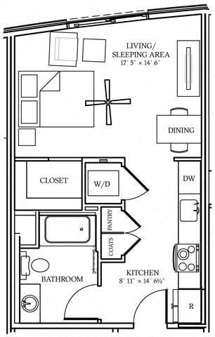 Floor plan for studio, 1 bath, 590 sqft