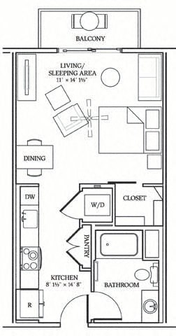 Floor plan for studio, 1 bath, 493 sqft