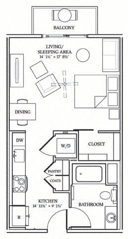 Floor plan for studio, 1 bath, 523 sqft