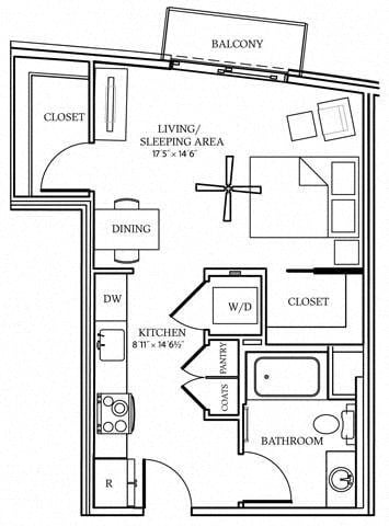 Floor plan for studio, 1 bath, 526 sqft