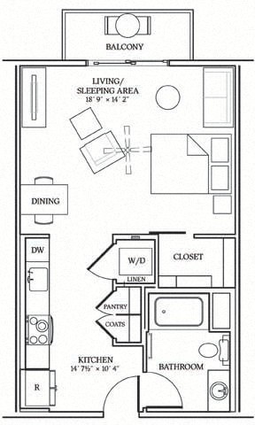 Floor plan for studio, 1 bath, 559 sqft