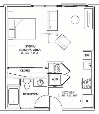 Floor plan for studio, 1 bath, 564 sqft