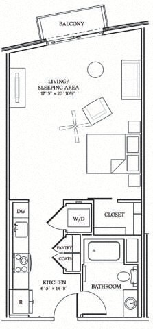 Floor plan for studio, 1 bath, 625 sqft