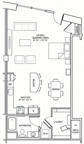 Floor plan for studio, 1 bath, 893 sqft