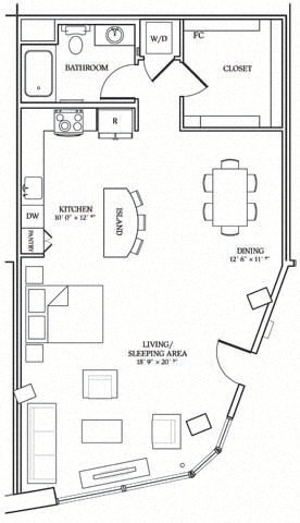 Floor plan for studio, 1 bath, 916 sqft