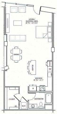 Floor plan for studio, 1 bath, 927 sqft