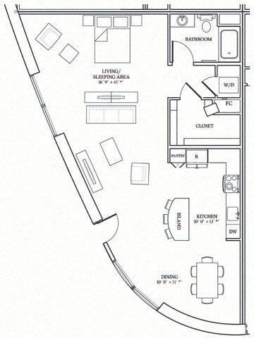 Floor plan for studio, 1 bath, 1076 sqft