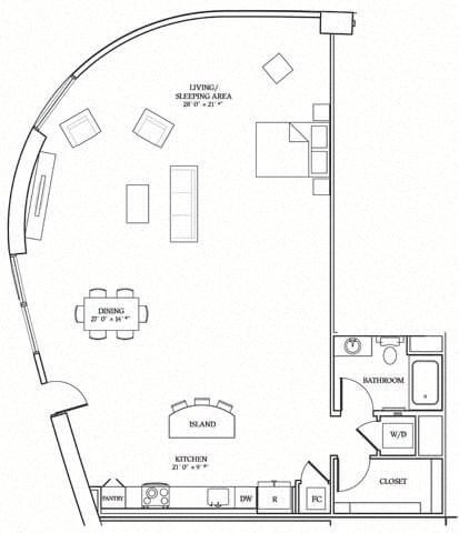 Floor plan for studio, 1 bath, 1422 sqft