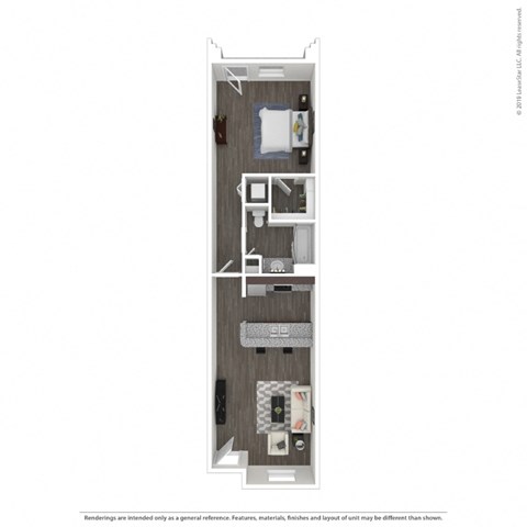 Floor plan for 1 bed, 1 bath, 653 sqft