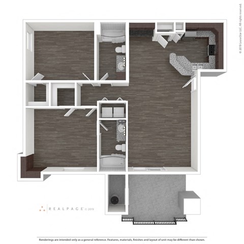 Floor plan for 2 beds, 2 baths, 1087 sqft