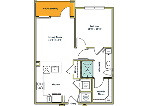 Floor plan for 1 bed, 1 bath, 676 sqft