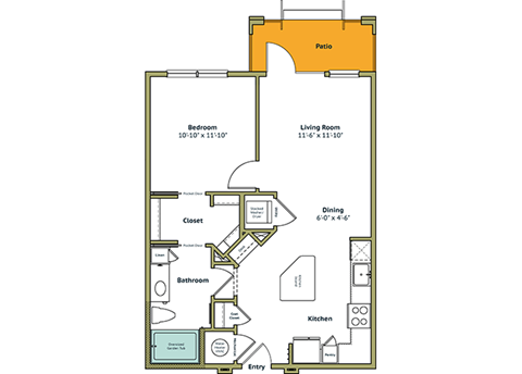 Floor plan for 1 bed, 1 bath, 722 sqft