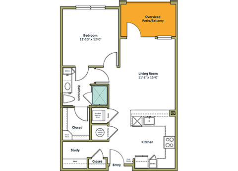 Floor plan for 1 bed, 1 bath, 780 sqft