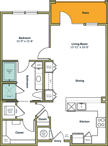 Floor plan for 1 bed, 1 bath, 862 sqft