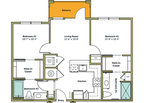 Floor plan for 2 beds, 2 baths, 1054 sqft