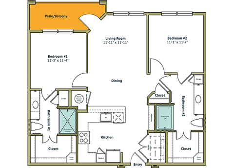 Floor plan for 2 beds, 2 baths, 1059 sqft