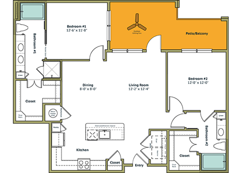 Floor plan for 2 beds, 2 baths, 1234 sqft