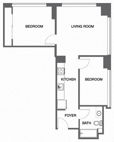 Floor plan for 2 beds, 1 bath, 698 sqft