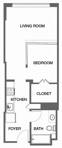 Floor plan for 1 bed, 1 bath, 490 sqft