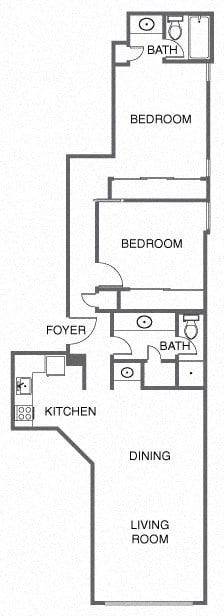 Floor plan for 2 beds, 2 baths