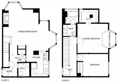 Floor plan for 2 beds, 1.5 baths