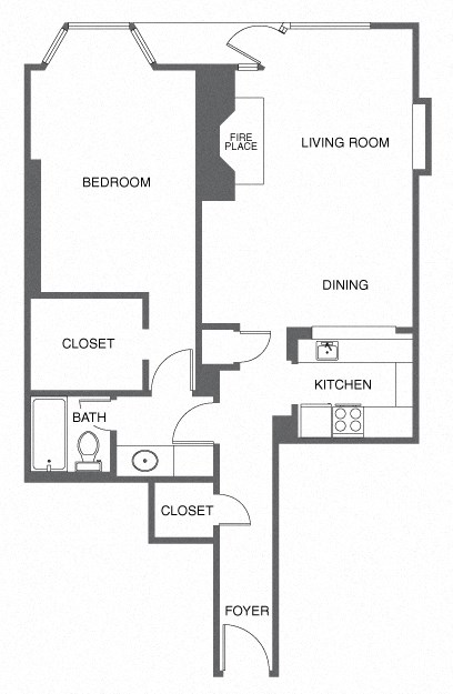 Floor plan for 1 bed, 1 bath, 761 sqft