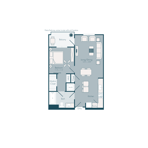 Floor plan for 1 bed, 1 bath, 801 sqft