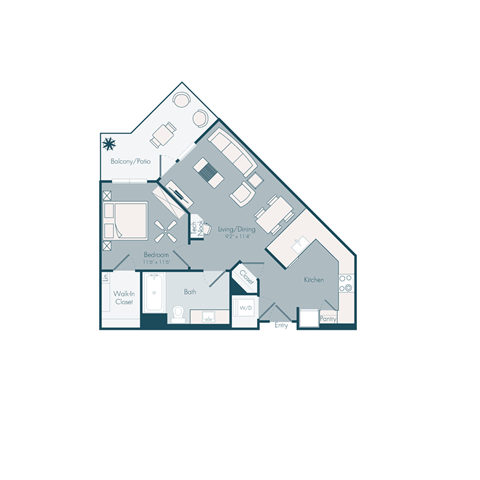 Floor plan for 1 bed, 1 bath, 692 sqft