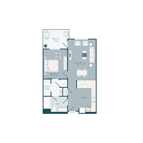 Floor plan for 1 bed, 1 bath, 742 sqft