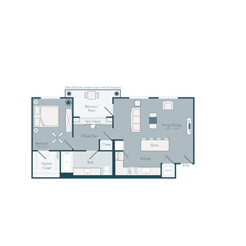 Floor plan for 1 bed, 1 bath, 927 sqft