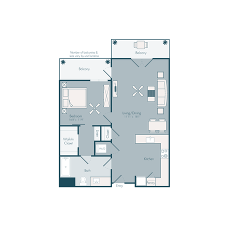 Floor plan for 1 bed, 1 bath, 860 sqft