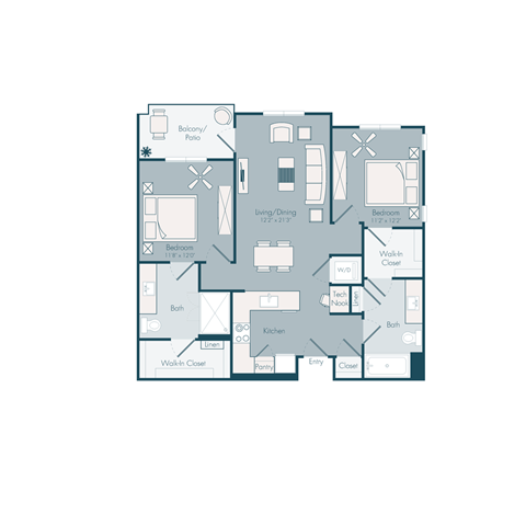 Floor plan for 2 beds, 2 baths, 1038 sqft