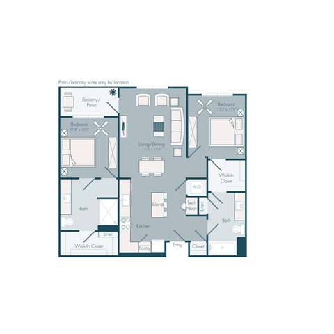 Floor plan for 2 beds, 2 baths, 1118 sqft