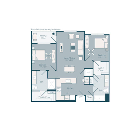 Floor plan for 2 beds, 2 baths, 1117 sqft