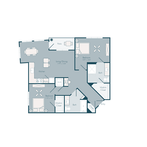 Floor plan for 2 beds, 2 baths, 1096 sqft